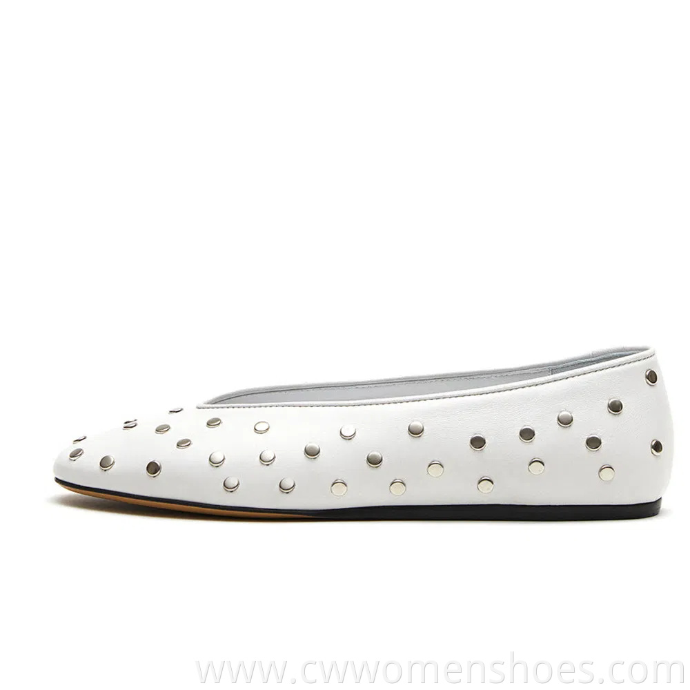 Almond Toe V Cut Studded Women Shoes Ballet Flats Women Calfskin Black White Leather Luxury Hand Made Flat